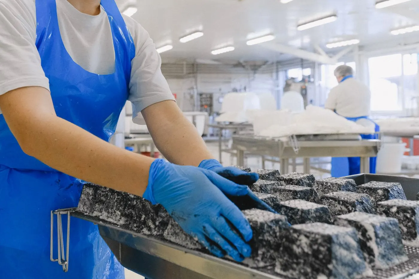 Food processing line workers in aprons and blue gloves