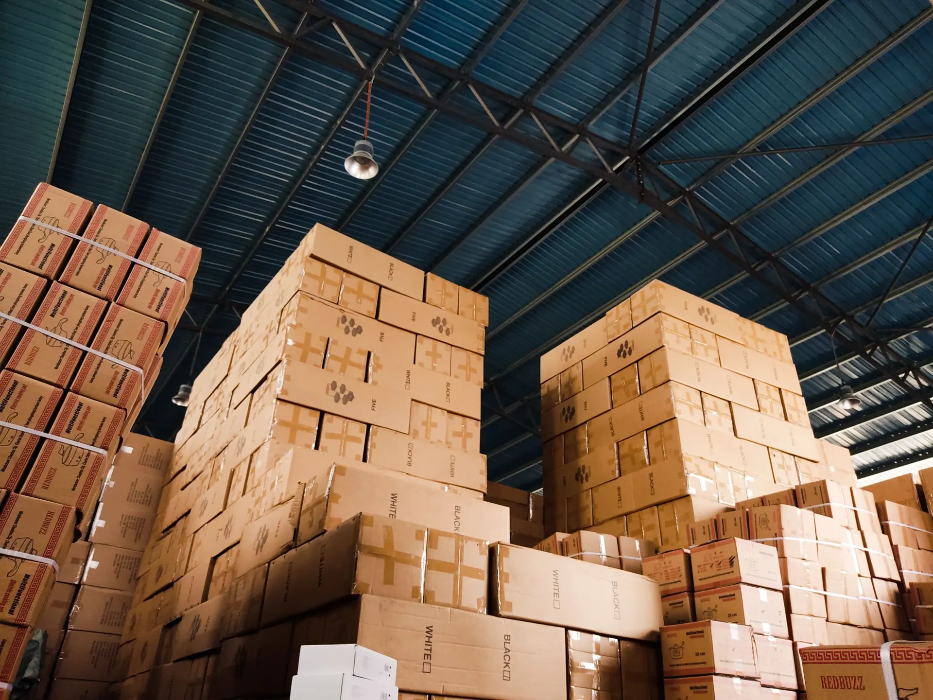 Export cartons stacked in a warehouse