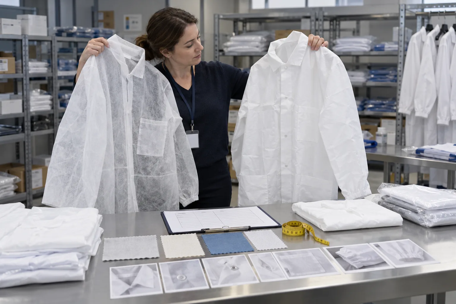 Buyer comparing disposable lab coat specifications before placing an order