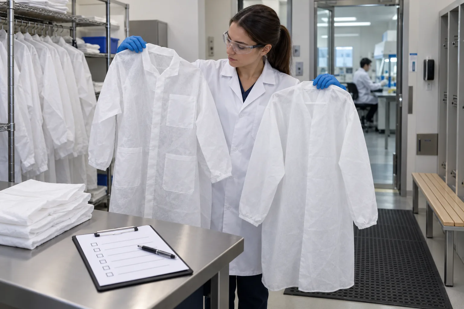 Worker comparing pocketed and pocketless disposable lab coats