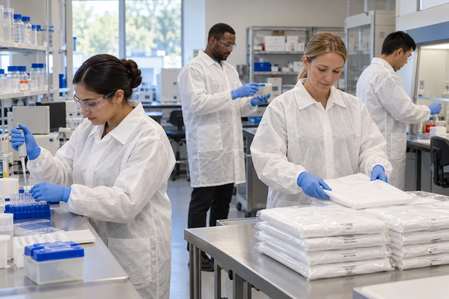 Workers using custom disposable lab coats in a controlled laboratory setting