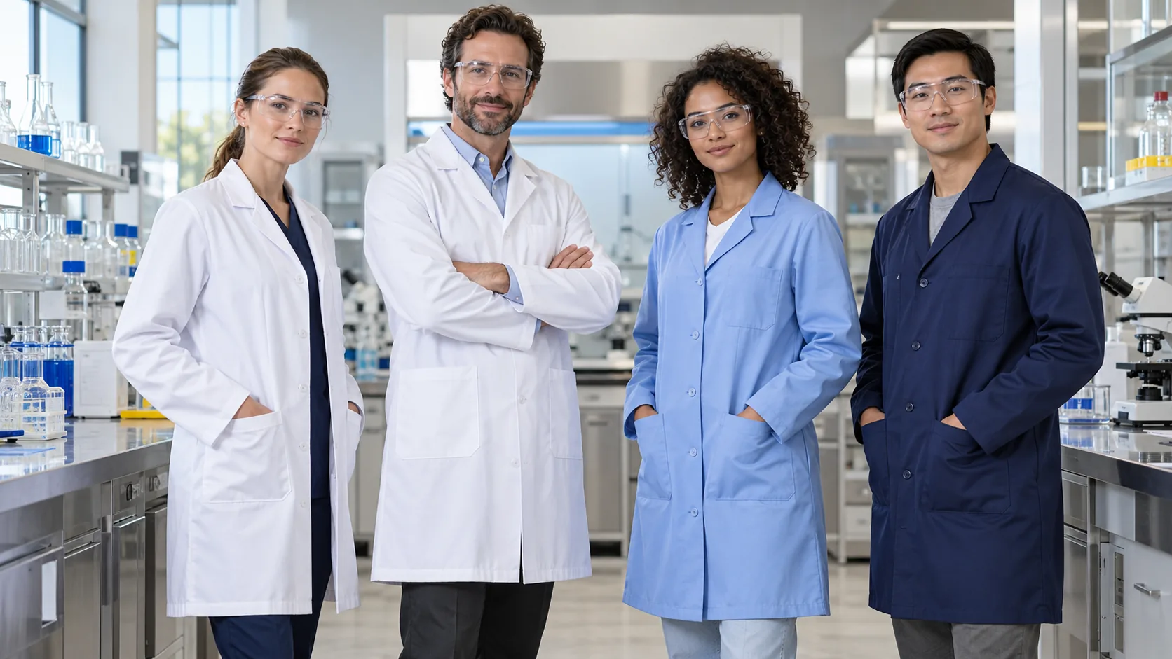 Range of professional lab coats displayed in a modern laboratory