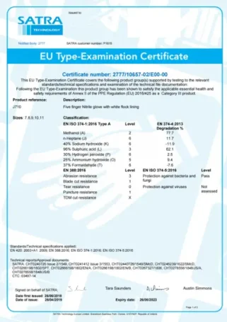 NR-33 nitrile gloves CE certificate type A